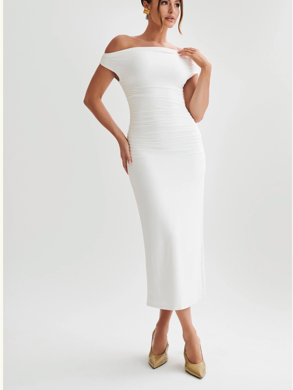 Meshki White Off-Shoulder Ruched Midi Dress